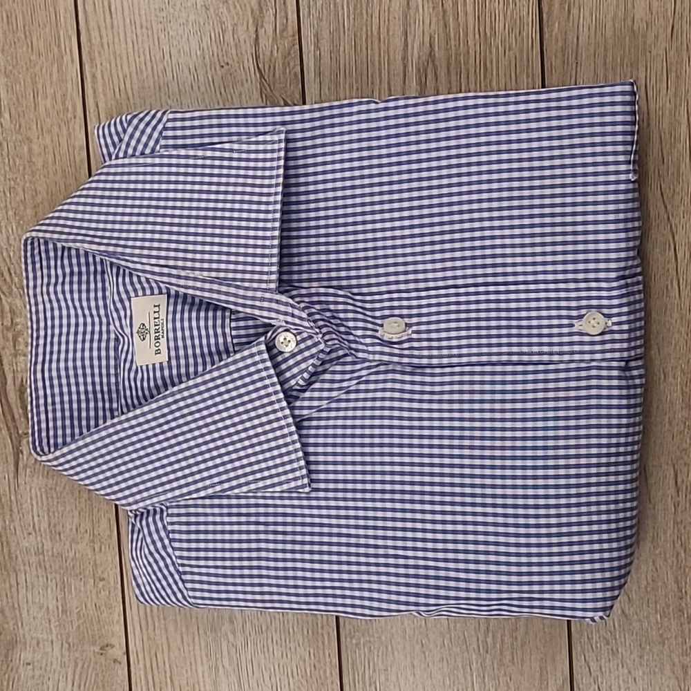 BORRELLI Napoli Italy White Blue Plaid Cotton Sz 16.5 Mens Dress‎ Shirt